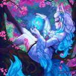  1girl ahri animal_ears artist_name blue_hair cherry_blossoms commentary dress english_commentary fingernails flower forest fox_ears fox_girl league_of_legends long_fingernails long_hair michspich multicolored_hair nature orb pixel_art solo thighhighs tree white_hair 