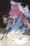  1girl ahoge blue_archive blue_kimono closed_eyes commentary fang flower hair_between_eyes hair_flower hair_ornament halo high_ponytail highres hoshino_(blue_archive) japanese_clothes kimono modare multiple_cats pink_hair pink_halo ponytail skin_fang squatting yukata 