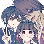  1girl 2boys ;d black_sailor_collar blunt_bangs blush brown_hair buttons commentary_request danganronpa_(series) danganronpa_v3:_killing_harmony double-breasted earrings hair_ornament hair_scrunchie harukawa_maki highres jewelry long_hair long_sleeves looking_at_viewer low_twintails mole mole_under_eye momota_kaito multiple_boys one_eye_closed red_eyes red_scrunchie saihara_shuichi sailor_collar satori_(aosky9077) scrunchie shirt smile twintails v 