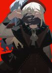  1088888888 2girls absurdres ascot bang_dream! bang_dream!_it's_mygo!!!!! behind_another beret black_capelet black_gloves black_skirt blue_hair capelet chinese_commentary commentary_request covering_another's_eyes covering_another's_mouth cowboy_shot gloves green_hair hat highres long_hair long_sleeves mortis_(bang_dream!) mortis_(costume)_(bang_dream!) multiple_girls oblivionis_(bang_dream!) red_background red_hat red_shirt red_shorts see-through_clothes see-through_sleeves shirt shorts sidelocks simple_background skirt standing togawa_sakiko wakaba_mutsumi white_ascot yellow_eyes 