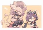  1boy 1girl afterimage ahoge animal_ear_hairband animal_ears artificial_eye banyue_(zenless_zone_zero) belle_(delicate_sunlight)_(zenless_zone_zero) belle_(zenless_zone_zero) black_cat blue_hair cat cat_ear_hairband cat_ears chibi chibi_only chinese_clothes closed_eyes clothed_robot clothes_around_waist commentary_request crossed_bangs dress dress_over_shirt earrings fake_animal_ears grey_hair grey_tail hair_between_eyes hair_ornament hairband humanoid_robot jewelry letter_hair_ornament long_hair mechanical_eye mechanical_hands mechanical_tail metal_skin motion_lines official_alternate_costume open_mouth orange_background orange_dress pantyhose paw_print robot robot_boy short_hair sio333_gn squatting tail twitter_username white_pantyhose zenless_zone_zero 
