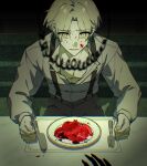  1boy black_pants blood blood_on_face blood_on_object cable chromatic_aberration collarbone commentary dreamycakesss english_commentary food fork green_eyes grey_hair grey_shirt highres knife looking_at_viewer male_focus meat original pants parted_bangs parted_lips plate raw_meat red_pupils scared shirt short_hair sitting solo suspenders table 