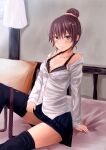  1girl arm_support bare_shoulders black_bra black_skirt black_thighhighs bra breasts brown_eyes brown_hair cleavage closed_mouth collarbone commentary_request dress_shirt hair_bun hair_ornament hair_scrunchie highres indoors irohara long_sleeves looking_at_viewer medium_breasts miniskirt necktie on_bed original partially_unbuttoned pink_scrunchie school_uniform scrunchie shirt single_hair_bun sitting skirt solo thighhighs top_of_moe_2013 underwear unworn_necktie white_shirt zettai_ryouiki 
