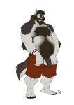  anthro balls beard belly_hair black_hair black_penis body_hair bottomwear canid canine canis chest_hair clothed clothing coyote facial_hair fur furrybob genitals grey_body grey_fur hair hairy hi_res male mammal mustache penis shorts simple_background solo standing topless white_background white_body white_fur 
