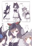  3girls :d :o ? animal_ears arrow_(symbol) bangs black_hair black_headwear blue_flower blue_rose blush bow brown_eyes ear_ribbon eyebrows_visible_through_hair flower frilled_skirt frills green_bow hair_bow hair_over_one_eye hands_up hat hat_flower horse_ears horse_girl horse_tail leaning_to_the_side mayano_top_gun_(umamusume) multiple_girls nice_nature_(umamusume) open_mouth ouri_(aya_pine) parted_lips pleated_skirt puffy_short_sleeves puffy_sleeves purple_eyes rice_shower_(umamusume) rose school_uniform shirt short_sleeves skirt smile tail thighhighs tilted_headwear tracen_school_uniform translation_request two_side_up umamusume 