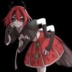  1girl :3 absurdres antennae arthropod_girl beri_(beribug) black_gloves black_hair black_sclera black_shirt cindrr closed_mouth colored_sclera colored_skin extra_arms eyeshadow fingerless_gloves from_side gloves green_eyes green_eyeshadow green_nails grey_skin hair_between_eyes hashtag-only_commentary highres indie_virtual_youtuber insect_wings korean_clothes leaning_forward looking_at_viewer makeup multicolored_hair nail_polish red_hair red_pupils red_skirt ringed_eyes shirt short_hair short_sleeves simple_background skirt smile solo standing streaked_hair thick_eyebrows two-tone_hair virtual_youtuber white_background wings 