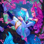  1girl ahri animal_ears artist_name cherry_blossoms commentary dress english_commentary fingernails flower forest fox_ears fox_girl league_of_legends long_fingernails long_hair michspich nature orb pink_hair pixel_art solo thighhighs tree 