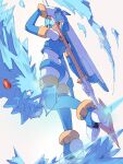  1girl absurdres armor blue_armor blue_eyes blue_helmet commentary_request fairy_leviathan_(mega_man) forehead_jewel from_behind full_body helmet highres holding holding_polearm holding_weapon ice_dragon looking_at_viewer mega_man_(series) mega_man_zero_(series) omochi_(mochi_skymega) polearm simple_background solo spear weapon white_background 