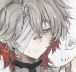  1boy bandage_on_face bandaged_head bandages blue_eyes commentary_request earrings frown genshin_impact highres illuga_(genshin_impact) jewelry multicolored_hair red_pupils ruiseru_080 solo solo_focus speech_bubble sweat sweatdrop white_background 
