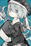  1girl absurdres aqua_hair artist_logo black_dress black_ribbon blue_background blue_eyes buttons center_frills collared_shirt commentary cowboy_shot dress fork frilled_dress frills gauze gauze_on_cheek gauze_on_neck hair_between_eyes hat hat_ribbon highres logo long_sleeves neck_ribbon open_mouth original parted_lips ribbon shirt short_hair sleeves_past_fingers sleeves_past_wrists solo soresaki variant_set white_ribbon 