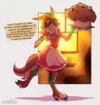  anthro big_fangs canid canine cleo_(sharkrags) clothed clothing dialogue dress english_text fangs female food giant_food hi_res large_fangs looking_at_viewer mammal muffin sharkrags text waiter were werecanid werecanine werewolf 