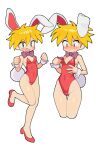  1girl animal_ears batrobin_k blonde_hair bow bowtie breasts commentary_request dual_persona hair_between_eyes highres keiou_yuugekitai leotard nanahikari_rami playboy_bunny rabbit_ears rabbit_tail red_leotard red_shoes shoes short_hair simple_background small_breasts tail thigh_gap white_background wrist_cuffs 