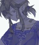  1boy a15179222 bandage_over_one_eye bandaged_neck bandages bandaid bandaid_on_cheek bandaid_on_face blue_eyes blue_tunic closed_mouth commentary_request earrings hair_between_eyes hair_tie heavy_breathing highres jewelry link low_ponytail pointy_ears ponytail shirt sidelocks solo the_legend_of_zelda the_legend_of_zelda:_breath_of_the_wild tunic twitter_username white_background white_shirt 