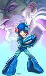  2boys absurdres arm_cannon blue_eyes blue_helmet close-up closed_mouth dr._wily_(mega_man) dreaminerryday facial_hair full_body grey_hair helmet highres male_focus mega_man_(character) mega_man_(classic) mega_man_(series) multiple_boys mustache old old_man skull-shaped_pupils smile symbol-shaped_pupils weapon 
