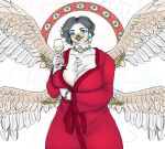 absurd_res angel anthro avian big_breasts bird blue_eyes breasts chest_tuft clothing container cup drinking_glass feathered_wings feathers female fire glass glass_container glass_cup gulasauce_(artist) hi_res majarean mature_female multi_eye multi_wing ophan robe solo tuft whine_mami wide_hips wine_glass wings