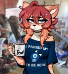 anthro beverage black_nose blush blush_lines bodily_fluids choker clothed clothing coffee coffee_mug domestic_cat e621 e621_logo english_text eye_bags eyebrows felid feline felis female freckled_face freckles gradient_hair green_eyes hair half-closed_eyes hellaverse helluva_boss hi_res jewelry looking_at_viewer loona_(helluva_boss) makeup mammal mascara meme meme_clothing messy_room narrowed_eyes necklace off_shoulder oversized_clothing oversized_topwear pouting red_hair shirt solo sweat sweatdrop t-shirt text topwear twitch.tv yappcat yumi_(catniplewds)