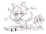  +_+ 1girl animal_ears bangs collared_shirt eighth_note eyebrows_visible_through_hair greyscale holding horse_ears horse_girl horse_tail long_hair long_sleeves monochrome musical_note nice_nature_(umamusume) ouri_(aya_pine) pajamas pants seiza shirt simple_background sitting sketch suitcase tail translation_request umamusume white_background 