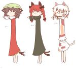  216 3girls animal_ears bell black_bow black_dress bow bracelet braid brown_eyes brown_hair cat_ears chen dress goutokuji_mike green_headwear hair_bow hat jewelry kaenbyou_rin long_hair longcat mob_cap multicolored multicolored_clothes multicolored_hair multicolored_shirt multicolored_shorts multicolored_tail multiple_girls multiple_tails red_dress red_hair short_hair shorts signature single_earring tail touhou twin_braids twintails two_tails 