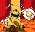 antennae_(anatomy) anthro anus arthropod arthropod_abdomen artist_name bee bug_fables butt butt_focus curtains digital_media_(artwork) embarrassed feces feces_pile female female_pooping genitals hymenopteran insect moonsprout_games neck_tuft pincoosh pooping pooping_on_floor presenting presenting_hindquarters raised_tail rear_view scatplay solo sound_effects spread_legs spreading stinger tail text tuft vi_(bug_fables) vowelless vowelless_sound_effect vulva wide_eyed