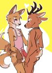  2021 anthro anthro_on_anthro antlers balls blush bottomless canid canine cantio_(lawyerdog) cervid clothed clothing collar duo erection genitals head_tuft horn male male/male mammal nude panko_(lawyerdog) penis simple_background standing tailwag toxoglossa tuft white_background yellow_background 