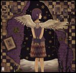  1girl absurdres angel_wings brick_wall feathered_wings feet_out_of_frame highres inukoko leaf original patterned_clothing plant print_skirt profile purple_hair purple_shirt shirt short_hair skirt solo white_wings wings 