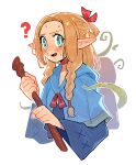  1girl ? absurdres blonde_hair blue_capelet blue_robe blush braid capelet choker dungeon_meshi elf green_eyes hair_ribbon highres holding holding_staff kaatokun long_hair long_sleeves marcille_donato open_mouth plant pointy_ears red_choker red_ribbon ribbon robe side_braids simple_background solo staff sweat tentacles vines white_background wide_sleeves 