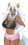  1girl abs absurdres black_tank_top body_freckles breasts cleavage closed_mouth clothes_writing colored_extremities commentary commission cowboy_shot crop_top dark-skinned_female dark_skin double-parted_bangs english_commentary fang fang_out freckles hair_between_eyes hands_on_own_hips highres horns large_breasts leiden_yaegore long_hair looking_at_viewer original pink_shorts scales scar scar_on_face scar_on_nose scar_on_stomach short_shorts shorts shoulder_freckles simple_background smile solo tail tank_top thigh_freckles toned toned_female v-shaped_eyebrows vgen_commission white_background white_hair white_hands yellow_eyes 