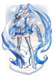  1girl absurdly_long_hair ahoge aqua_eyes aqua_hair arm_behind_back blue_necktie blue_trim blush boots breasts commentary_request detached_sleeves full_body gradient_hair grey_skirt hair_between_eyes hair_ornament hatsune_miku headset heart highres long_hair long_sleeves medium_breasts mittens multicolored_hair n-bata necktie open_mouth pleated_skirt scarf shirt skirt sleeveless sleeveless_shirt snowflake_print snowflakes solo stick thigh_boots tie_clip twintails very_long_hair vocaloid white_background white_mittens white_scarf wide_sleeves yuki_miku yuki_miku_(2011) zettai_ryouiki 
