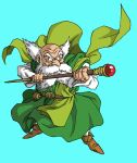  1boy bald beard blue_background brey brown_shoes cape commentary_request dragon_quest dragon_quest_iv facial_hair full_body green_cape green_robe highres holding holding_staff lee_(dragon_garou) male_focus official_style old old_man robe shoes solo squatting staff toriyama_akira_(style) white_hair 