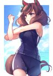  1girl animal_ears bare_arms bare_shoulders black_hair blue_sky blue_swimsuit brown_eyes brown_hair cloud cloudy_sky day horse_ears horse_girl horse_tail looking_away multicolored_hair nice_nature_(umamusume) one-piece_swimsuit ouri_(aya_pine) parted_lips sky solo standing streaked_hair swimsuit tail translation_request twintails umamusume 