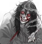  :d ahoge androgynous artist_name backlighting blood blood_on_face blood_on_knife cigarette colored_sclera commentary creepypasta double-parted_bangs drawstring english_commentary glasgow_smile greyscale grin hair_between_eyes head_tilt highres holding holding_cigarette holding_knife hood hood_down hoodie hunched_over jeff_the_killer knife long_hair long_sleeves looking_at_viewer male_focus monochrome puffy_long_sleeves puffy_sleeves reamina_art red_sclera simple_background smile smoke solo spot_color upper_body white_background wide-eyed 