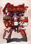  1girl arrow_(symbol) bare_shoulders brown_eyes brown_hair food gougasha_akira highres mecha navel original sarashi shadow short_hair solo steering_wheel takoyaki upper_body 