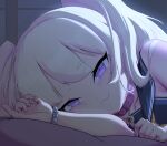  1girl :3 absurdres azur_lane bache_(azur_lane) bangs bed_sheet blurry bracelet collar collarbone commentary_request depth_of_field eyebrows_visible_through_hair eyes_visible_through_hair fenrir_(1121468952) from_side half-closed_eyes highres jewelry light_brown_hair long_hair looking_at_viewer looking_to_the_side lying on_bed on_side pinky_out purple_eyes sailor_collar sidelocks smile solo thick_eyebrows twintails window 