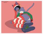 anthro barefoot bottomwear butt candy candy_cane christmas christmas_clothing christmas_headwear clothing dessert domestic_cat feet felid feline felis female food foot_fetish hat headgear headwear hi_res holidays looking_at_viewer mammal melonvino mistletoe norrigan_(melonvino) panties plant santa_hat simple_background skirt solo underwear