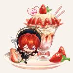  1boy artist_request bow chibi chinese_commentary commentary_request commission cookie cream cream_on_face cup dot_nose drinking_glass ensemble_stars! food food_focus food_on_face fork fruit glass heart heart-shaped_cookie heart-shaped_food highres holding holding_fork long_sleeves mini_person miniboy mint official_alternate_costume on_plate parfait parfait_glass plate pocky pocky_strawberry puritan_collar purple_eyes red_bow red_hair second-party_source shorts simple_background sliced_fruit solo strawberry strawberry_parfait strawberry_syrup suou_tsukasa whipped_cream white_background 