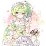  1girl absurdres accurate_lolita_coord bow cherry clover commission dear_liqing dress fashion food fork frilled_dress frills fruit green_dress green_eyes green_hair highres holding holding_fork layered_dress lolita_fashion lolita_print long_hair looking_at_viewer maid_headdress mihuashi_commission musical_note musical_note_print original pointy_ears puffy_short_sleeves puffy_sleeves red_bow short_sleeves side_ponytail smile solo sweet_lolita upper_body very_long_hair watermark whipped_cream 