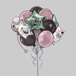  anzu_(01010611) balloon black_eyes commentary drifloon green_eyes grey_background highres jigglypuff mew_(pokemon) no_humans peeking_out pokemon pokemon_(creature) pokemon_focus simple_background solid_oval_eyes symbol-only_commentary 