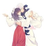  1boy 1girl bell black_hair black_ribbon black_scarf black_shirt blue_eyes bracelet burn_scar clothing_cutout coat colored_eyelashes commentary couple english_commentary facing_another floating_clothes floating_hair floating_scarf flower gojou_satoru gold_bell gold_bracelet hair_over_shoulder hair_ribbon half_updo hand_on_another's_waist high-waist_skirt highres hip_vent holding_hands iori_utahime japanese_clothes jewelry jujutsu_kaisen kimono lipgloss lips long_hair long_skirt long_sleeves looking_at_viewer mature_female mature_male open_clothes open_coat outstretched_arm pants parted_bangs parted_lips phlower_luna pink_flower profile red_eyes red_skirt ribbon scar scar_on_face scarf shirt short_hair signature simple_background skirt smile spiked_hair twitter_username white_background white_coat white_hair white_kimono white_pants white_ribbon wide-leg_pants wide_sleeves 