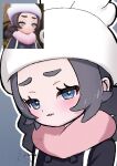  1girl ansha_(pokemon) black_coat blue_eyes blush buttons coat commentary eyelashes half-closed_eyes hat long_hair meru_merume603 outline parted_lips pink_scarf pokemon pokemon_legends:_z-a reference_inset scarf signature upper_body white_hat 