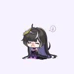  1girl bare_shoulders black_dress black_hair black_sleeves blush breasts chibi closed_eyes comedic_sweatdrop commentary_request detached_sleeves dress elbow_gloves gloves grey_hair hair_intakes highres honkai_(series) honkai_impact_3rd kino_mota leylah_(honkai_impact) long_hair long_sleeves medium_breasts multicolored_hair nose_blush open_mouth pink_gloves purple_background purple_hair simple_background solo spoken_sweatdrop streaked_hair sweatdrop tears two-tone_hair very_long_hair 