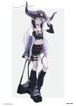  1girl absurdres adjusting_clothes adjusting_headwear alternate_costume aviator_cap aviator_goggles bag bare_shoulders belt belt_pouch black_bag black_choker black_horns black_leg_warmers black_nails black_shirt black_shoes black_shorts black_sleeves bone bone_necklace border character_name choker closed_mouth collarbone commentary contrapposto copyright_name cropped_shirt demon_girl demon_horns detached_sleeves ears_through_headwear flat_chest full_body gam_1124 goggles goggles_on_headwear hand_up highres holding holding_bag hololive horns jitome la+_darknesss leg_warmers long_hair long_sleeves looking_at_viewer looking_to_the_side multicolored_hair multiple_belts navel pointy_ears pouch shirt shoes shorts sleeveless sleeveless_shirt solo standing streaked_hair striped_horns virtual_youtuber white_border white_hair yellow_eyes 
