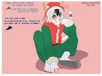 angry anthro barefoot blush christmas christmas_clothing christmas_headwear clothing dialogue domestic_cat embarrassed feet felid feline felis fordlorn_(melonvino) grumpy hat headgear headwear hi_res holidays male mammal melonvino norrigan_(melonvino) offscreen_character santa_hat solo teasing zeph_(melonvino)