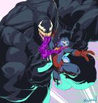 2024 5_fingers 6_eyes abstract_background absurd_res alternate_version_at_source anthro arachnid arthropod artist_name athletic athletic_anthro athletic_male biped black_body black_sclera blue_clothing blue_eyebrows blue_hair bodily_fluids bodysuit clothed clothing colored colored_saliva digital_drawing_(artwork) digital_media_(artwork) duo english_text eyebrows fingers green_eyes hair hi_res looking_at_another looking_at_partner male marvel multi_eye muscular muscular_anthro muscular_male no_pupils plantigrade pupils purple_saliva purple_tongue red_clothing ritsukaxan saliva sharp_teeth signature simple_background size_difference skinsuit slit_pupils smile spider spider-man_(character) spider-man_(series) spider_web superhero superhero_costume symbiote teeth text tight_clothing tongue unusual_bodily_fluids unusual_saliva venom venom_(marvel) villainous white_eyes