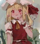  1girl ascot blonde_hair bow fang flandre_scarlet frilled_shirt frilled_shirt_collar frilled_skirt frilled_sleeves frills hat hat_ribbon medium_hair mob_cap no_wings one_side_up puffy_short_sleeves puffy_sleeves red_bow red_eyes red_ribbon red_skirt red_vest reddizen ribbon shirt short_sleeves side_ponytail skirt skirt_set slit_pupils touhou vest white_shirt wrist_cuffs yellow_neckwear 