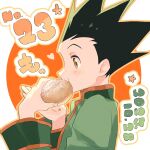  1boy beer611gold bread brown_eyes dated eating food from_side gon_freecss green_hair green_jacket highres holding_bread hunter_x_hunter jacket male_focus numbered short_hair solo spiked_hair upper_body 