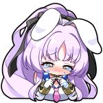  1girl animal_ears black_ribbon blue_sailor_collar blush commentary crying crying_with_eyes_open ears_down elbow_gloves english_commentary gloves green_eyes hair_ribbon high_ponytail index_fingers_together long_hair long_sleeves looking_down necktie nose_blush official_art pink_necktie ponytail purple_hair rabbit_ears rabbit_girl raised_inner_eyebrows ribbon sailor_collar shia_(stella_sora) simple_background solo stella_sora tears transparent_background very_long_hair white_gloves yurie_mouth 
