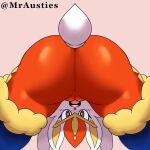  anthro ass_up big_butt blush butt butt_focus cinderace digital_media_(artwork) female fur genitals lagomorph looking_at_viewer mammal mrausties nintendo open_mouth pok&eacute;mon pok&eacute;mon_(species) presenting presenting_hindquarters pussy rear_view simple_background solo video_games white_body white_fur yellow_body yellow_fur 