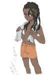  1boy absurdres alternate_costume blue_eyes closed_mouth collarbone commentary_request cropped_legs dark-skinned_male dark_skin eyelashes highres holding holding_towel long_hair male_focus naveen_(pokemon) orange_shorts pokemon pokemon_legends:_z-a shorts simple_background solo toride_(0802480971) towel towel_around_neck wet white_background 