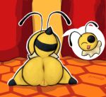 antennae_(anatomy) anthro anus arthropod arthropod_abdomen artist_name bee bug_fables butt butt_focus curtains digital_media_(artwork) female genitals hymenopteran insect looking_at_viewer moonsprout_games neck_tuft one_eye_closed pincoosh presenting presenting_hindquarters raised_tail rear_view solo spread_legs spreading stinger tail text tongue tongue_out tuft vi_(bug_fables) vulva wink winking_at_viewer