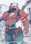  1boy banbanwakaba bara bear_boy black_gloves blurry blurry_background chest_hair commentary_request facial_hair fat fat_man furry furry_male gloves goatee_stubble goro_(live_a_hero) green_eyes highres live_a_hero looking_to_the_side male_focus navel nipples pants pectorals shirt short_hair smoking stubble torn_clothes torn_pants torn_shirt white_hair 